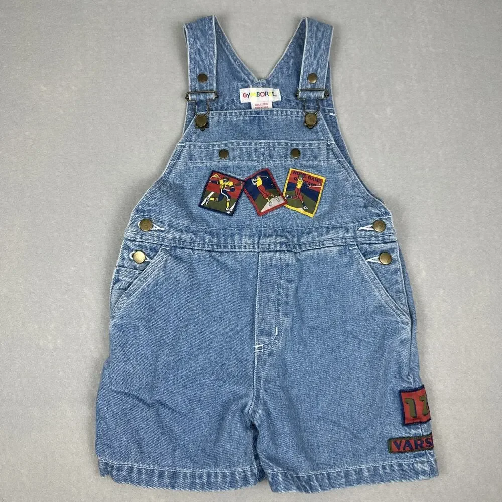 Vintage Gymboree Denim Golf Sport Patches Overall Shorts Size Small Rainbow Tag
